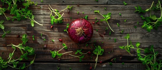 Poster - Top view of a red onion surrounded by fresh green sprouts on a wooden background creating a copy space image