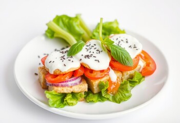 Wall Mural - Appetizing grilled chicken, tomato, and red onion salad with a white creamy dressing and black sesame seeds.