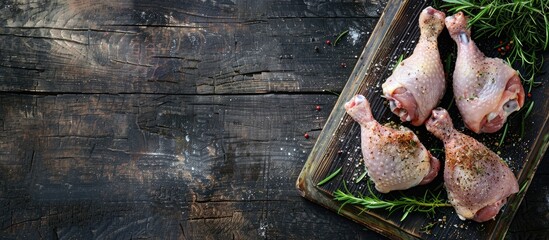 Poster - Raw chicken thighs and legs displayed on a rustic table with a copyspace image perfect for a healthy meal or a food snack with a top view perspective