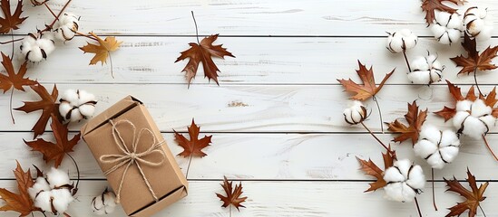 Aufkleber - An arrangement featuring fallen maple leaves a gift box white flowers and cotton on a white wooden surface ideal for a copy space image