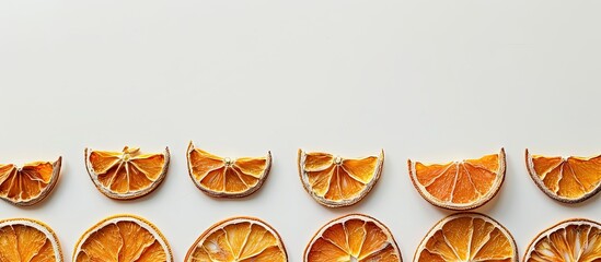 Poster - Dried orange slices arranged in a row create a fruit pattern on a white backdrop with copy space image
