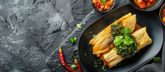 Poster - Central American and Colombian cuisine showcased with tamales on a black plate against a backdrop of gray stone perfect for a copy space image