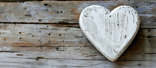 Poster - Valentine s Day background with a white wooden heart on an old wooden surface perfect for a copy space image