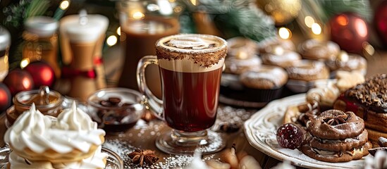 Poster - A festive holiday spread with Christmas coffee cocktails and cozy New Year s treats creates a warm inviting atmosphere on a table with a copy space image of food in the background