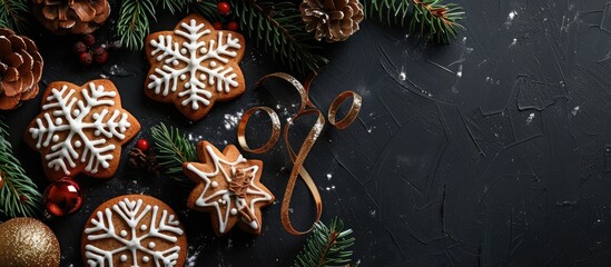 Poster - Delicious Christmas cookies decorated with icing fir branches and ribbon on a black table in a flat lay composition with a possibility for text in the image. copy space available