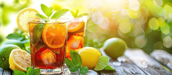 Aufkleber - Refreshing iced tea garnished with lemon lime and mint perfect for a sunny day s copy space image