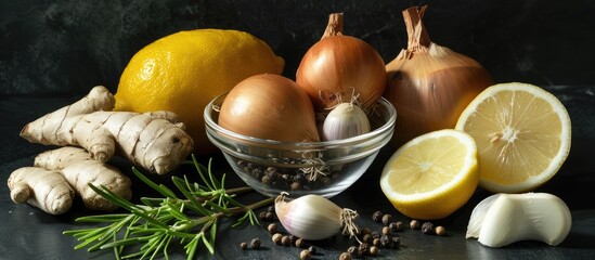 Aufkleber - Cooking ingredients like ginger chili garlic onion lemon allspice and rosemary displayed in a glass bowl on a black background with space for recipe notes in the image. copy space available