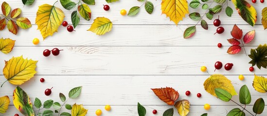 Poster - Top down view of a mockup featuring vibrant autumn leaves and berries in yellow green and red shades on a white wooden backdrop with ample copy space image