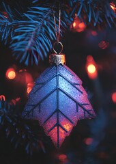 Wall Mural - A blue ornament with a leaf design hangs from a tree. The blue and purple colors give the ornament a festive and cheerful appearance