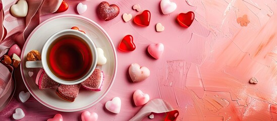 Wall Mural - Top view horizontal composition with heart shaped candies a cup of tea and a romantic vibe perfect for a Valentine s Day themed image with copy space