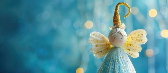 Aufkleber - A handmade angel ornament with a horn is displayed against a blue background perfect for a festive theme suitable as a copy space image for an advent calendar