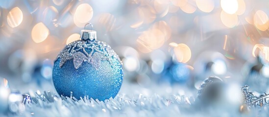 Poster - Close up of a Christmas blue ball and silver decoration on a blurred background with copy space image