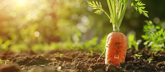 Poster - Selective focus on a freshly harvested carrot in the garden with copy space image