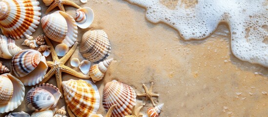 Poster - Beach background with sea shells scattered on sand creating a picturesque scene with copy space image