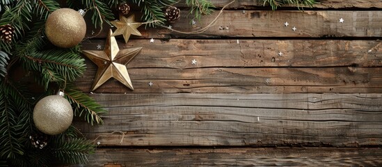 Fototapete - Wooden background texture with a Christmas decoration hanging providing copy space image