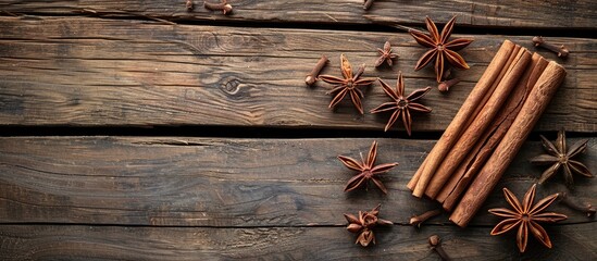 Aufkleber - Top view of cinnamon sticks and star anise on a charming rustic wooden table with space for adding an image. copy space available