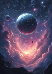 Wall Mural - A colorful space scene with a large planet in the center and several smaller planets surrounding it. The sky is filled with clouds and stars, creating a sense of wonder and awe