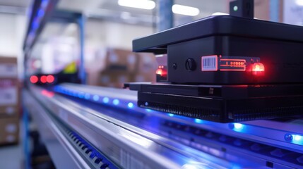 Poster - a close-up of a warehouse barcode scanning system being used for inventory tracking and management.