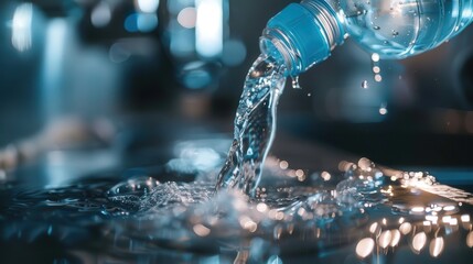 Poster - A close-up of a water bottle being filled from a clean, filtered source, highlighting the process of obtaining pure drinking water