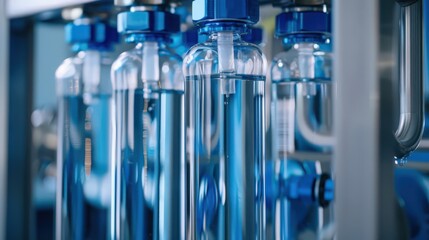 A close-up of a water purification system in action, showing the different stages of filtering and purifying drinking water