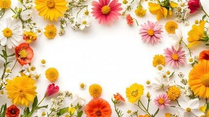 Wall Mural - Summer flower creative layout Daisy cosmos blanket aster zinnia tickseed sunflower and doronicum flowers isolated on white background Floral frame border Design element Top view flat l : Generative AI