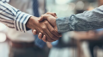 Poster - A close-up of businessmen shaking hands after a successful negotiation, showcasing the conclusion of a business deal.