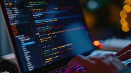 Poster - A close-up of code being written in a text editor, with syntax highlighting and code suggestions visible on the screen.
