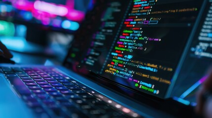 Poster - A close-up of code being written in a text editor, with syntax highlighting and code suggestions visible on the screen.