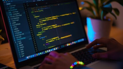 Poster - A close-up of code being written in a text editor, with syntax highlighting and code suggestions visible on the screen.