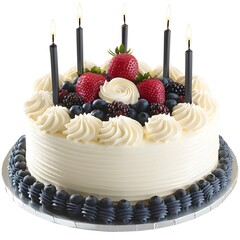 Wall Mural - Birthday cake with black candles and fresh berries