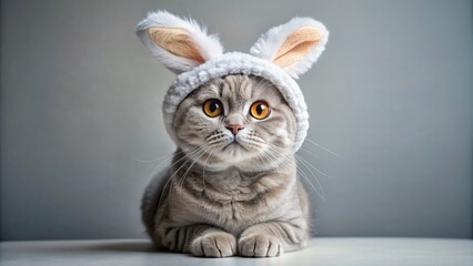 Wall Mural - Adorable grey Scottish Fold cat sits on a soft surface wearing a whimsical hat with fluffy bunny ears, showcasing feline elegance and playful charm.