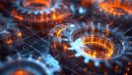 Poster - Abstract 3D Gears Illuminated with Neon Orange and Blue
