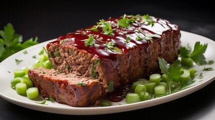 Close-up of meatloaf, highlighting the savory textures, front view from above, studio lighting, white background.