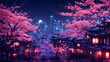 © Hastuti - Fantasy night city Japanese landscape, neon light, residential buildings, big sakura tree. Night urban fantasy background. 3D illustration.