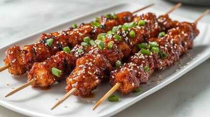 Wall Mural - Deep-fried Korean rice cake skewers with a rich, spicy sauce served on a white platter with sliced green onions and sesame seeds for garnish