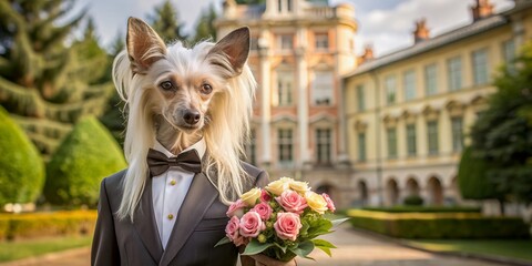 Wall Mural - Elegant Chinese Crested dog in a tailored business suit holds a bouquet of flowers in his paws, posing confidently in front of a luxurious mansion backdrop.