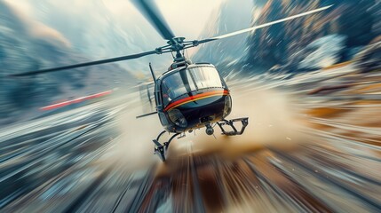 Poster - Depict a helicopter in a high-speed chase scene, with the rotor blades blurred and a sense of motion conveyed through the background