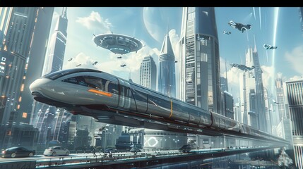 Poster - Depict a high-speed train in a futuristic city, with flying cars and towering skyscrapers