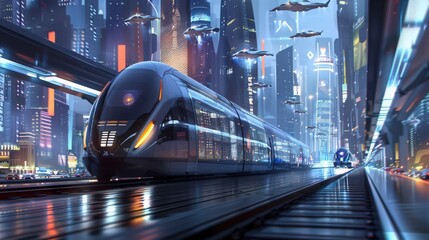 Poster - Depict a high-speed train in a futuristic city, with flying cars and towering skyscrapers