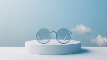 Wall Mural - Blue round glasses displayed on a white pedestal with a soft sky background, highlighting the clean design and modern aesthetics.