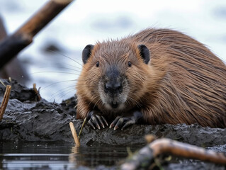 Sticker - A brown beaver is sitting on a rock near a body of water. The beaver appears to be looking at the camera