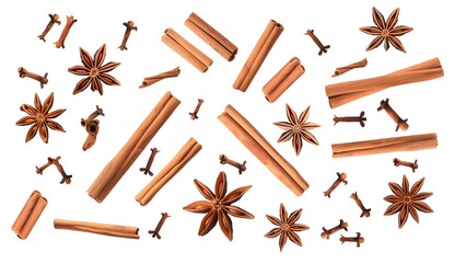 Wall Mural - Cinnamon Sticks, Star Anise, and Cloves Isolated on White Background