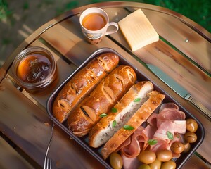 Picnic table for breakfast, morning meal.