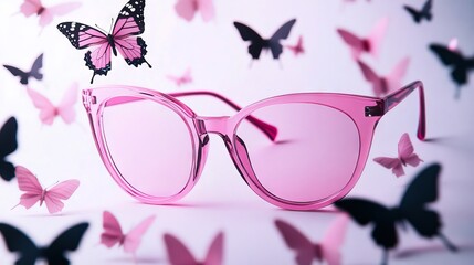 Wall Mural - A pair of pink sunglasses surrounded by pink butterflies