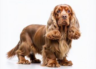 Wall Mural - Adorable Sussex spaniel with floppy ears and curly tail stands alone against a crisp white background, showcasing its adorable wrinkles and gentle expresion.