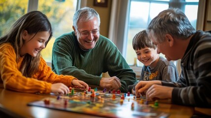 a joyful family gathering around a table, playing board games together, sharing laughter and creatin