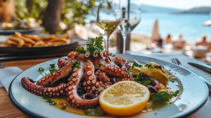 Wall Mural - seafood – octopus. a beautiful dish with octopus at a summer table in a cafe by the sea.