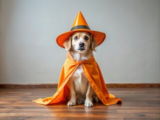 Poster - Adorable funny dog dressed in orange witch hat and cape, sitting on wooden floor, looking directly at camera, with copy space around for creative design.