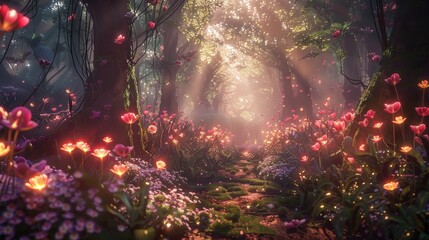 Poster - Design a 3D rendering of an enchanted forest. What mystical creatures, glowing plants, and magical elements bring the scene to life
