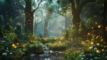 Poster - Design a 3D rendering of an enchanted forest. What mystical creatures, glowing plants, and magical elements bring the scene to life